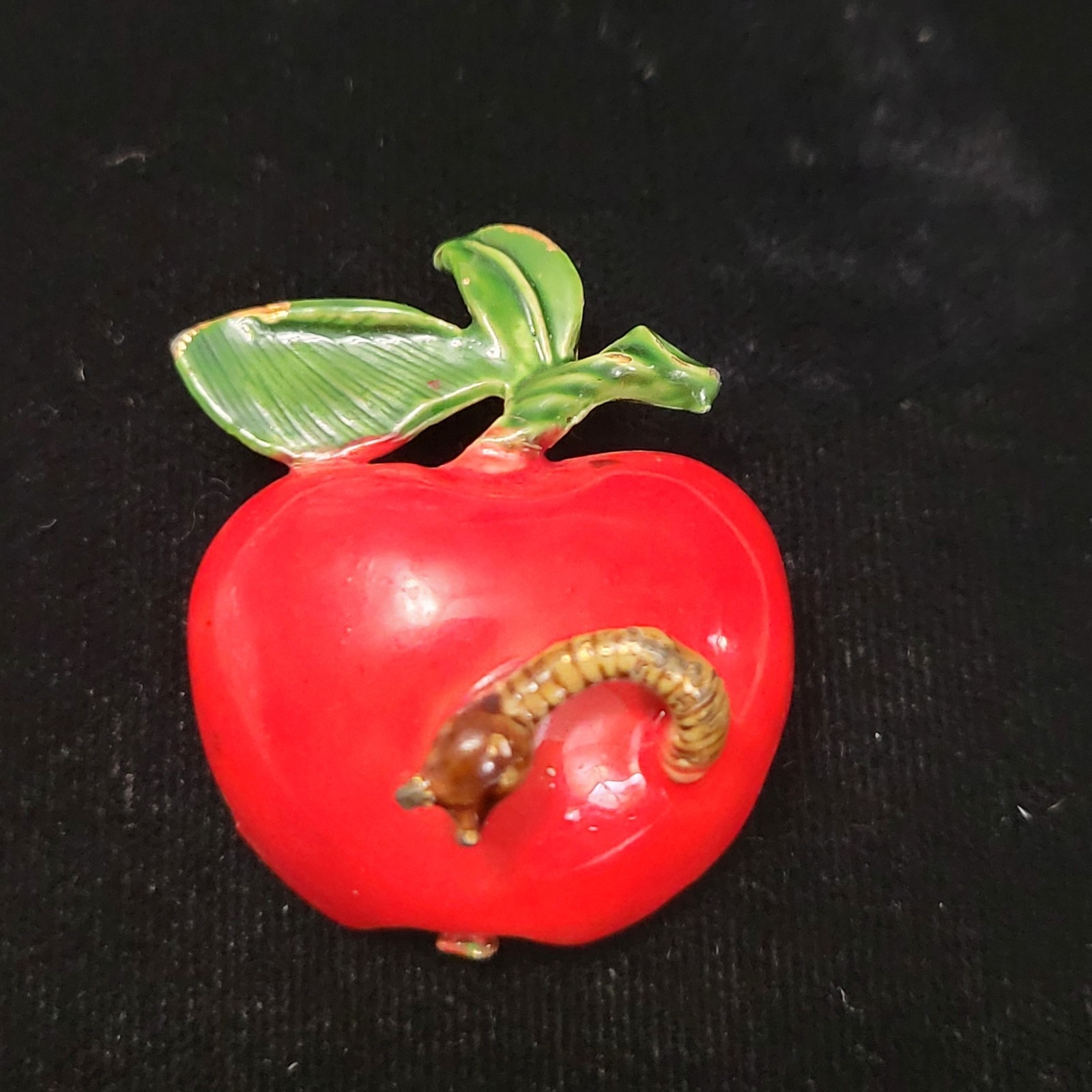 Vintage Original By Robert Signed Enamel Red Apple Worm Brooch Teacher School